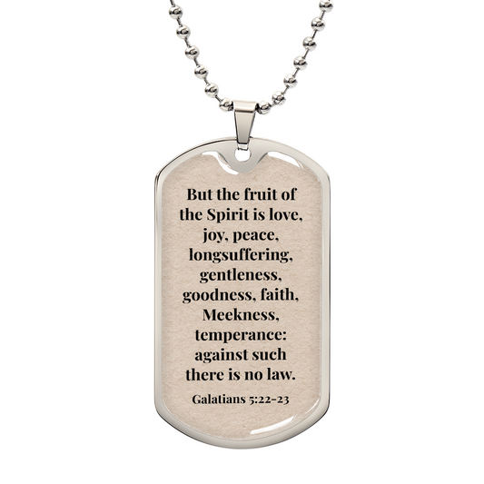 Galatians 5:22-23 Personalized Back-Engraved Dog Tag Necklace (Polished Stainless Steel or 18K Gold Finish)