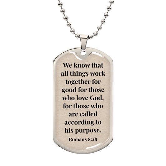 Romans 8:28 Personalized Back-Engraved Dog Tag Necklace (Polished Stainless Steel or 18K Gold Finish)