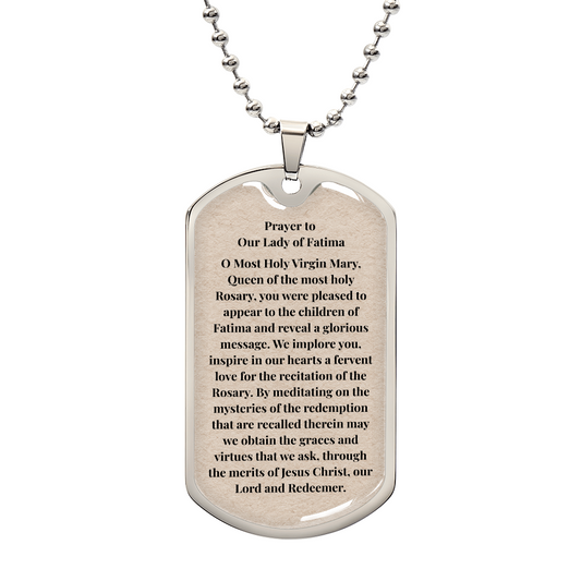 Prayer to Our Lady of Fatima Personalized Dog Tag Necklace (Stainless Steel or 18K Gold Finish)