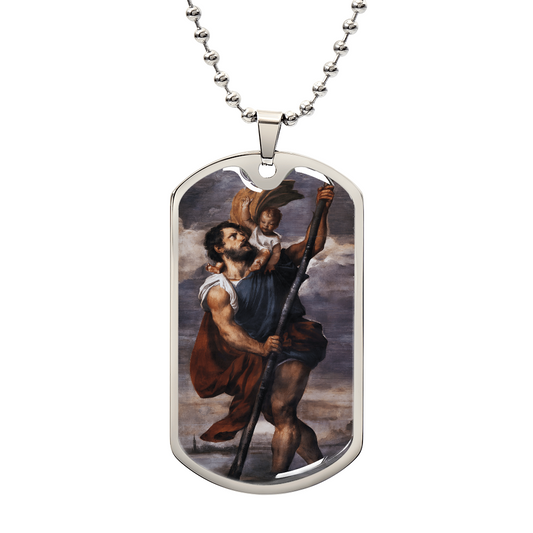 St. Christopher Personalized Dog Tag Necklace (Stainless Steel or 18K Gold Finish)