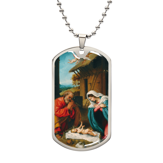 The Nativity by Lotto Personalized Dog Tag Necklace (Stainless Steel or 18K Gold Finish)