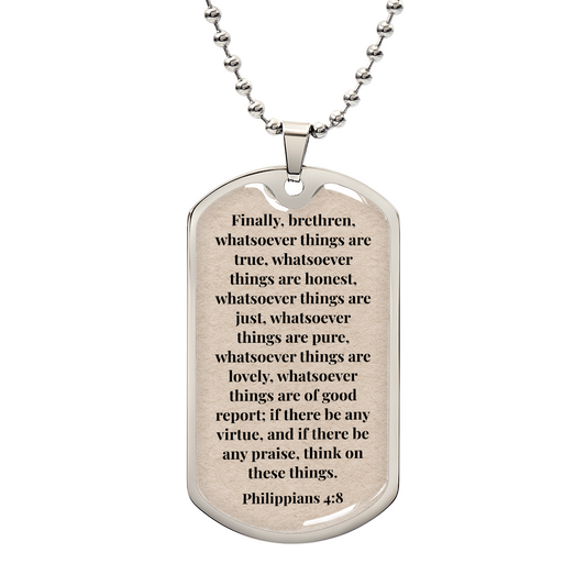 Philippians 4:8 Personalized Back-Engraved Dog Tag Necklace (Polished Stainless Steel or 18K Gold Finish)