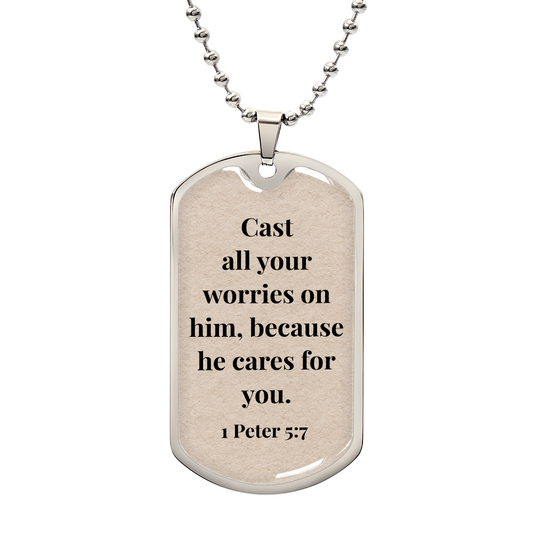 1 Peter 5:7 Personalized Back-Engraved Dog Tag Necklace (Polished Stainless Steel or 18K Gold Finish)
