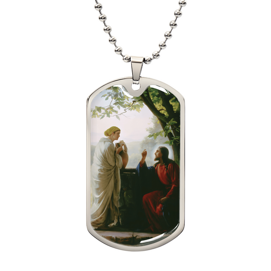 Jesus Speaks with a Samaritan Woman at the Well Personalized Dog Tag Necklace (Stainless Steel or 18K Gold Finish)
