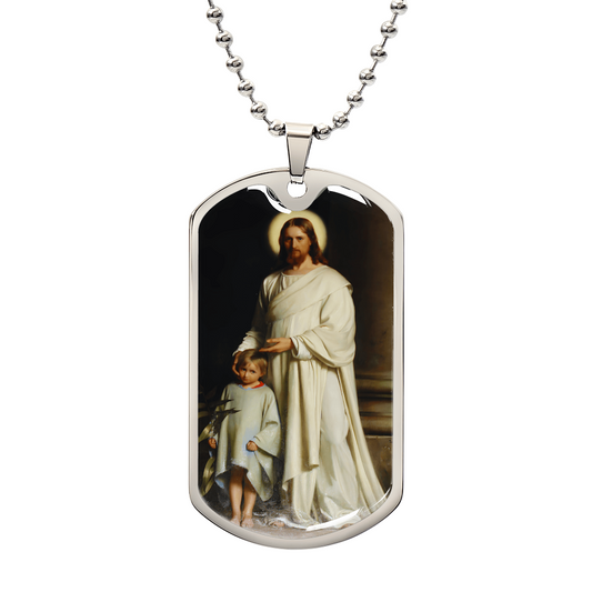 Jesus and the Small Child Personalized Dog Tag Necklace (Stainless Steel or 18K Gold Finish)