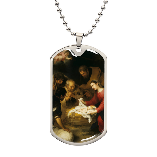 Adoration of the Shepherds Personalized Dog Tag Necklace (Stainless Steel or 18K Gold Finish)