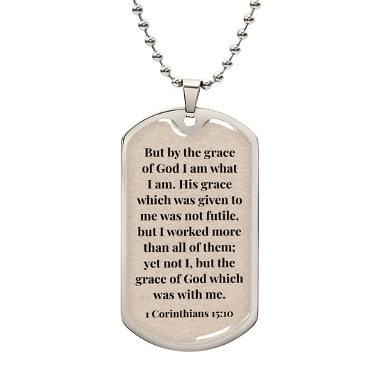 1 Corinthians 15:10 Personalized Back-Engraved Dog Tag Necklace (Polished Stainless Steel or 18K Gold Finish)