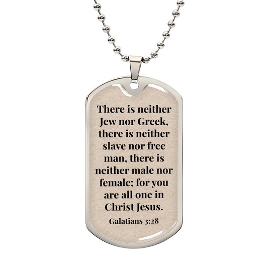 Galatians 3:28 Personalized Back-Engraved Dog Tag Necklace (Polished Stainless Steel or 18K Gold Finish)
