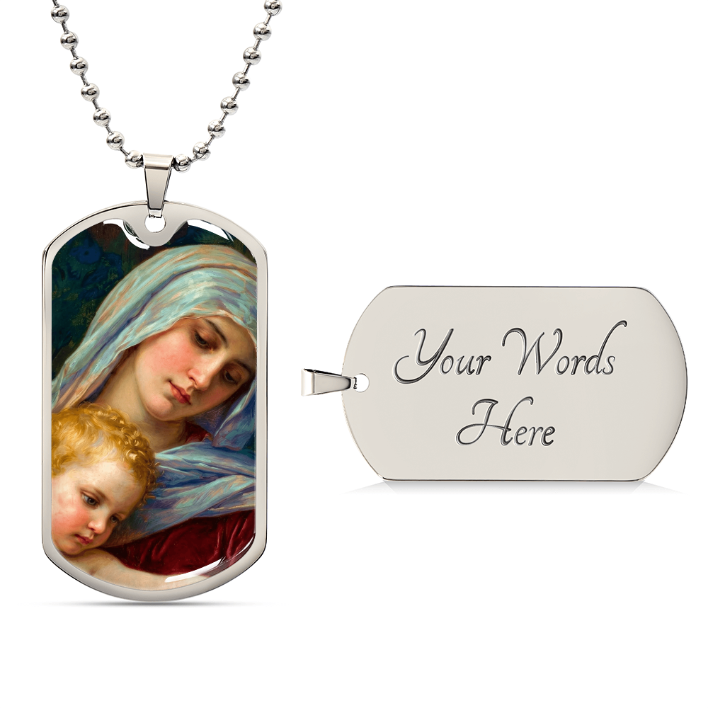 The Virgin Mary and the Child Jesus Personalized Dog Tag Necklace (Stainless Steel or 18K Gold Finish)