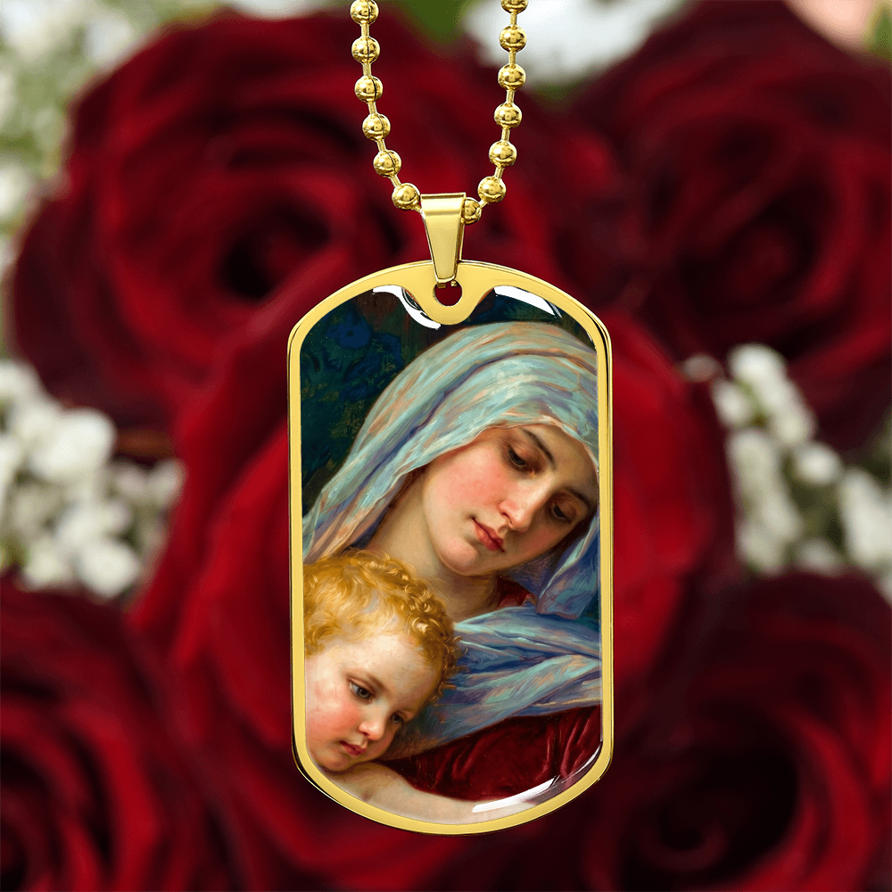 The Virgin Mary and the Child Jesus Personalized Dog Tag Necklace (Stainless Steel or 18K Gold Finish)