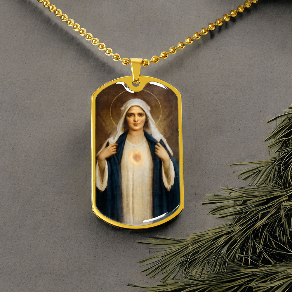 Immaculate Heart of Mary Personalized Dog Tag Necklace (Stainless Steel or 18K Gold Finish)