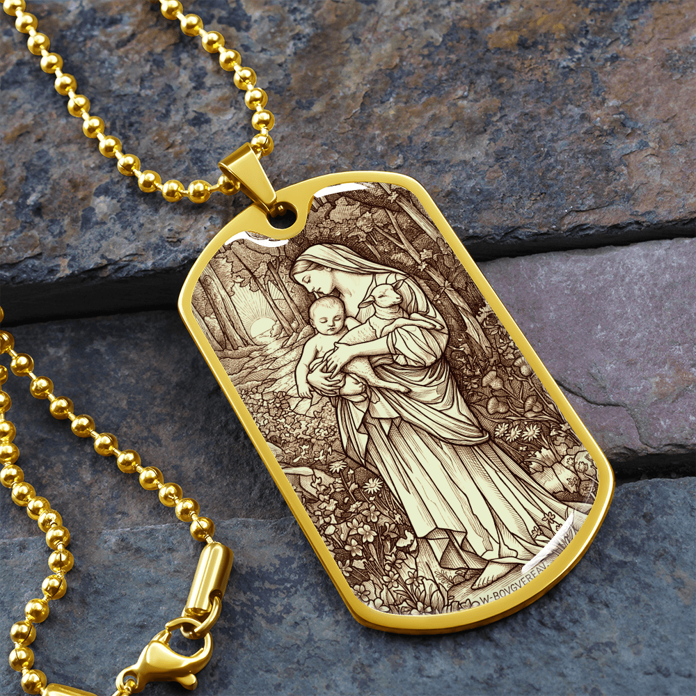 L'Innocence Mother Mary and the Child Jesus Vintage Dog Tag Necklace