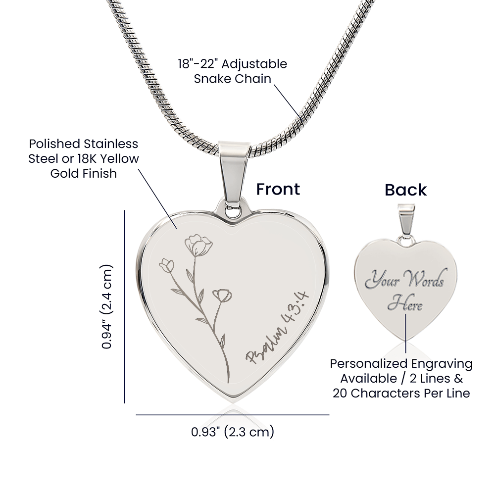 Psalm 43:4 - Custom Engraved Stainless Steel Heart Pendant